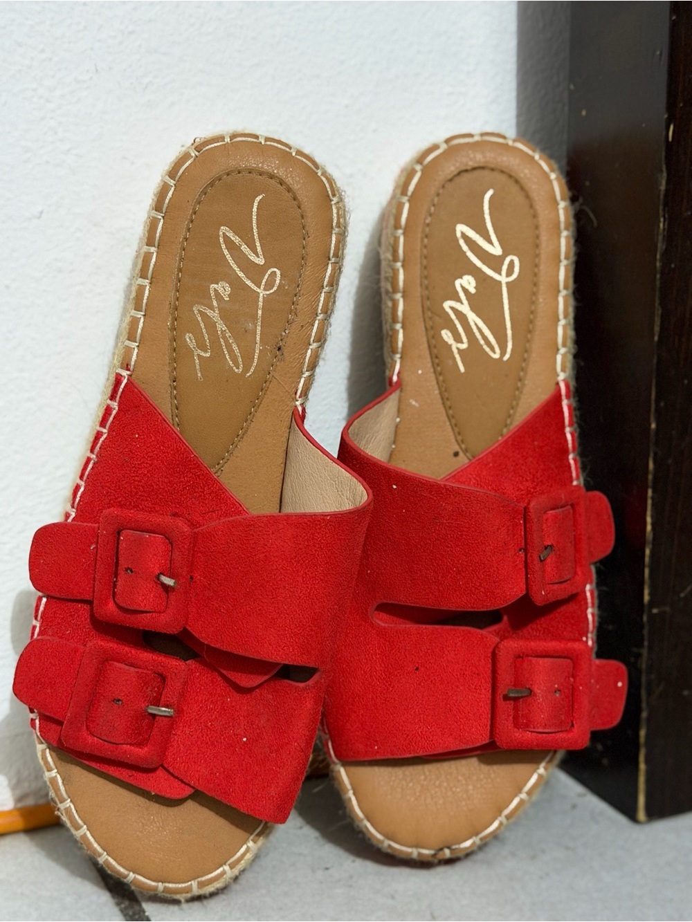 Red Suede Buckle Slide Sandals -